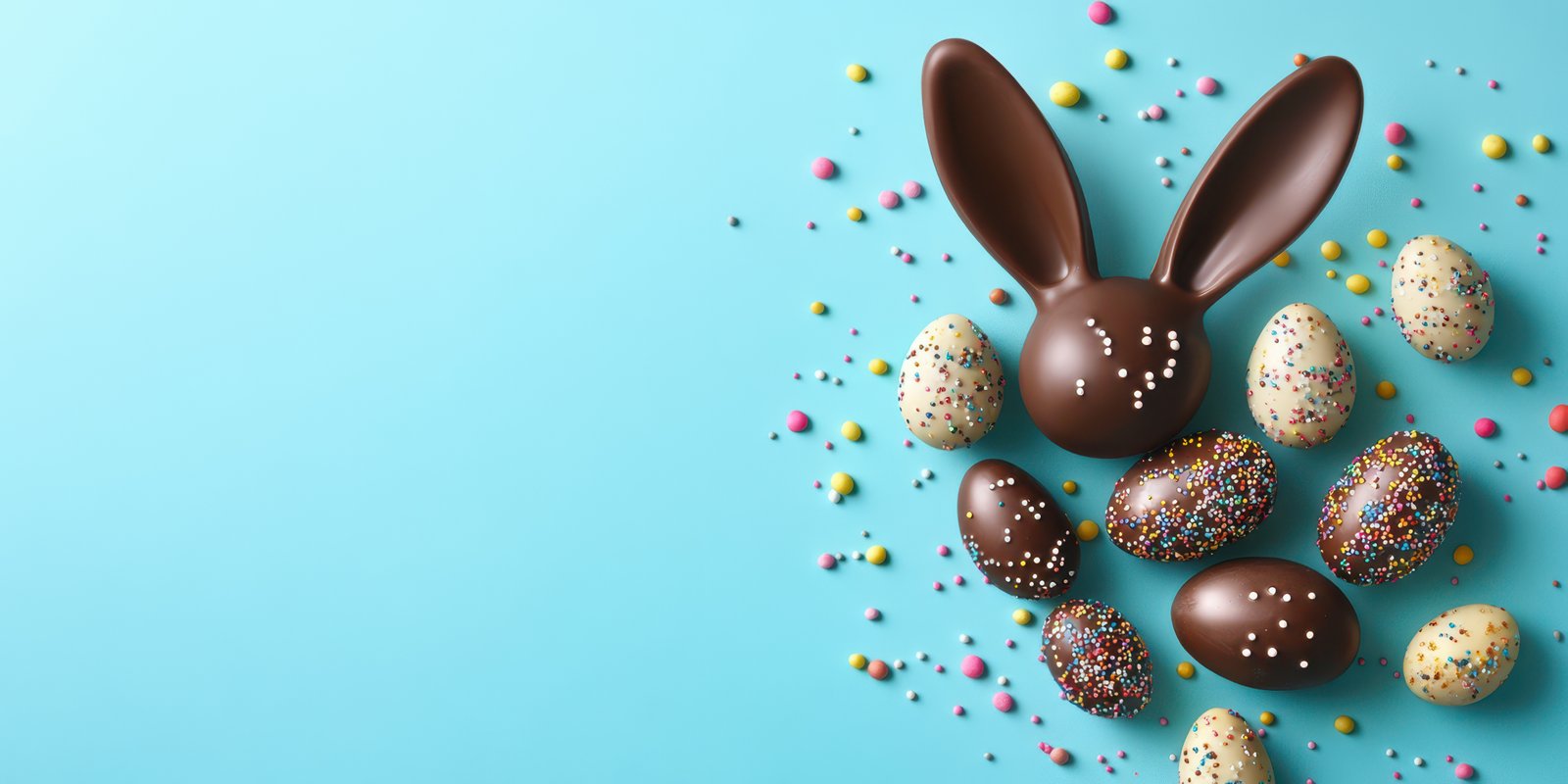 Chocolate bunny and colorful eggs create a festive atmosphere for Easter celebrations